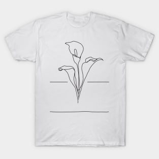 Lily Flowers Line Drawing - Black T-Shirt
